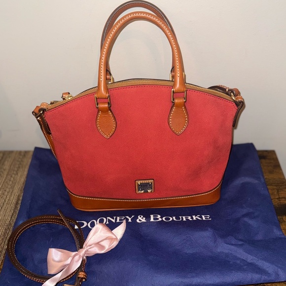 Dooney & Bourke Red suede & Brown leather Satchel w/shoulder strap and dust bag - Picture 2 of 13